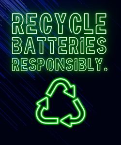 A neon sign that reads recycke batterues safely.