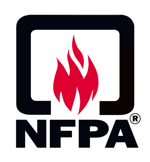 NFPA logo of a flame with NFPA on the bottom surrounded by a black line