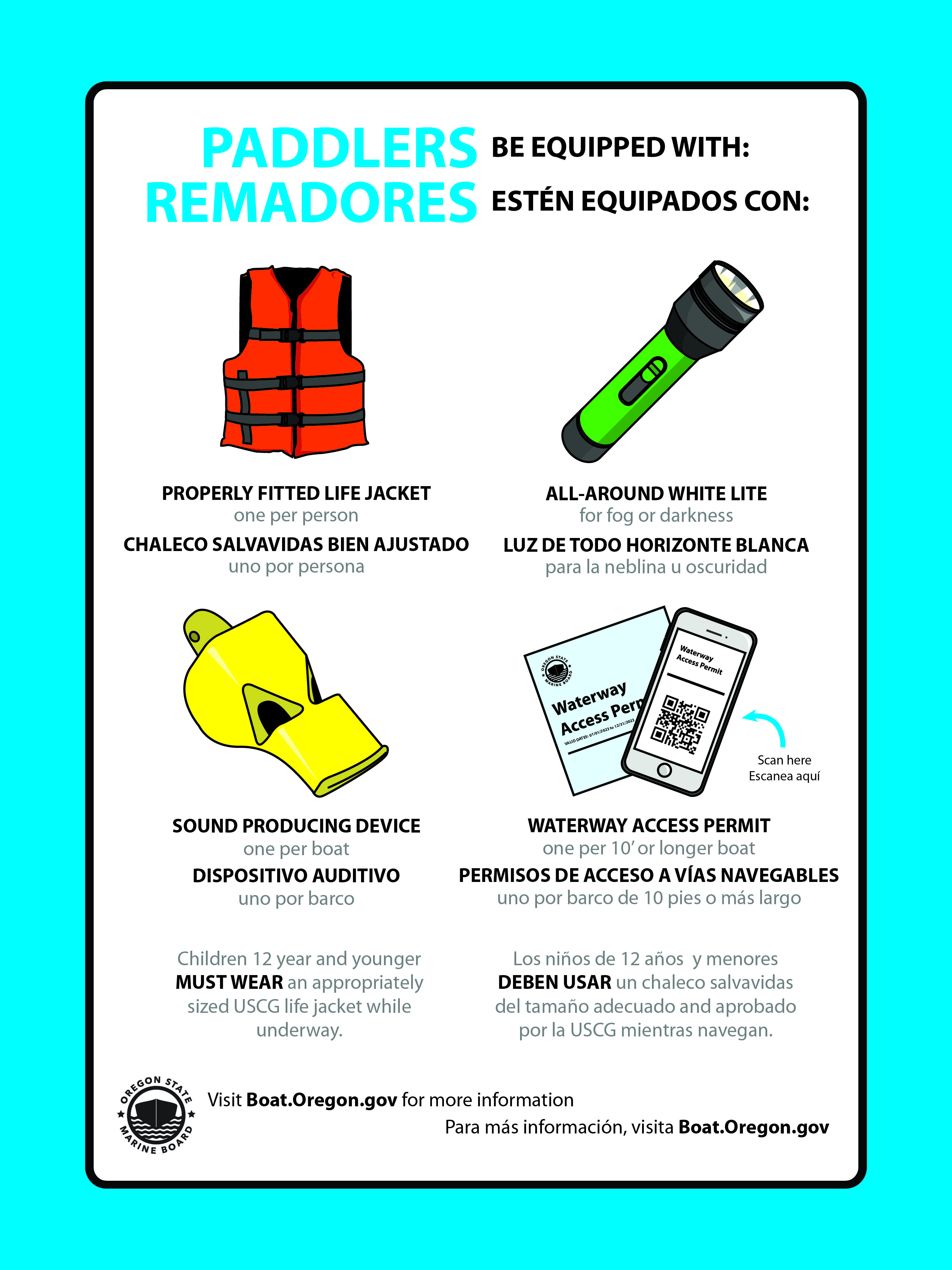 Bilingual sign on equipment requirements for paddlers posted at many boat launches statewide