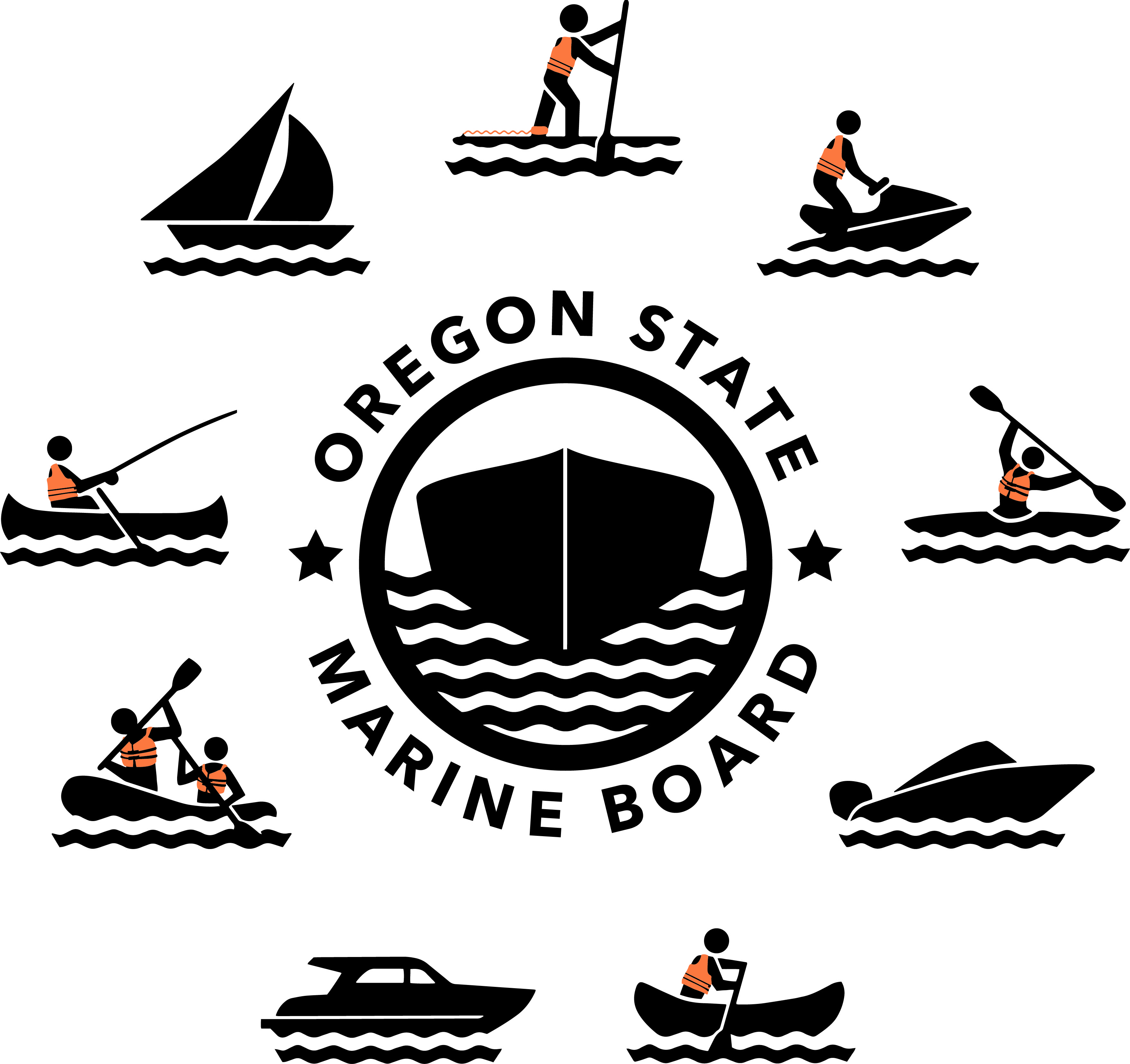 Icons of different boats and activities with people wearing life jackets
