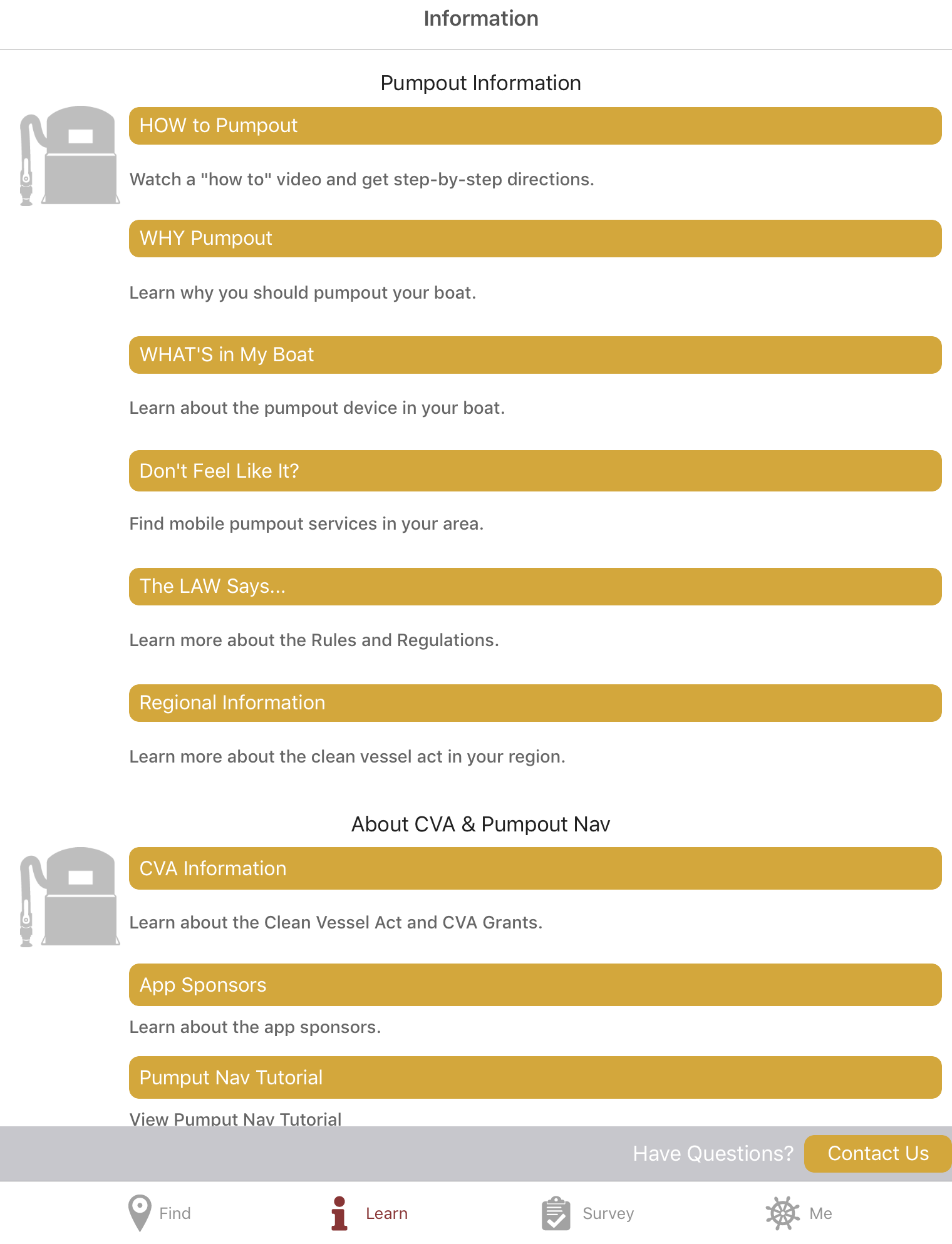 Pumpout Nav App information screen
