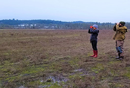 people with binoculars in a wet field