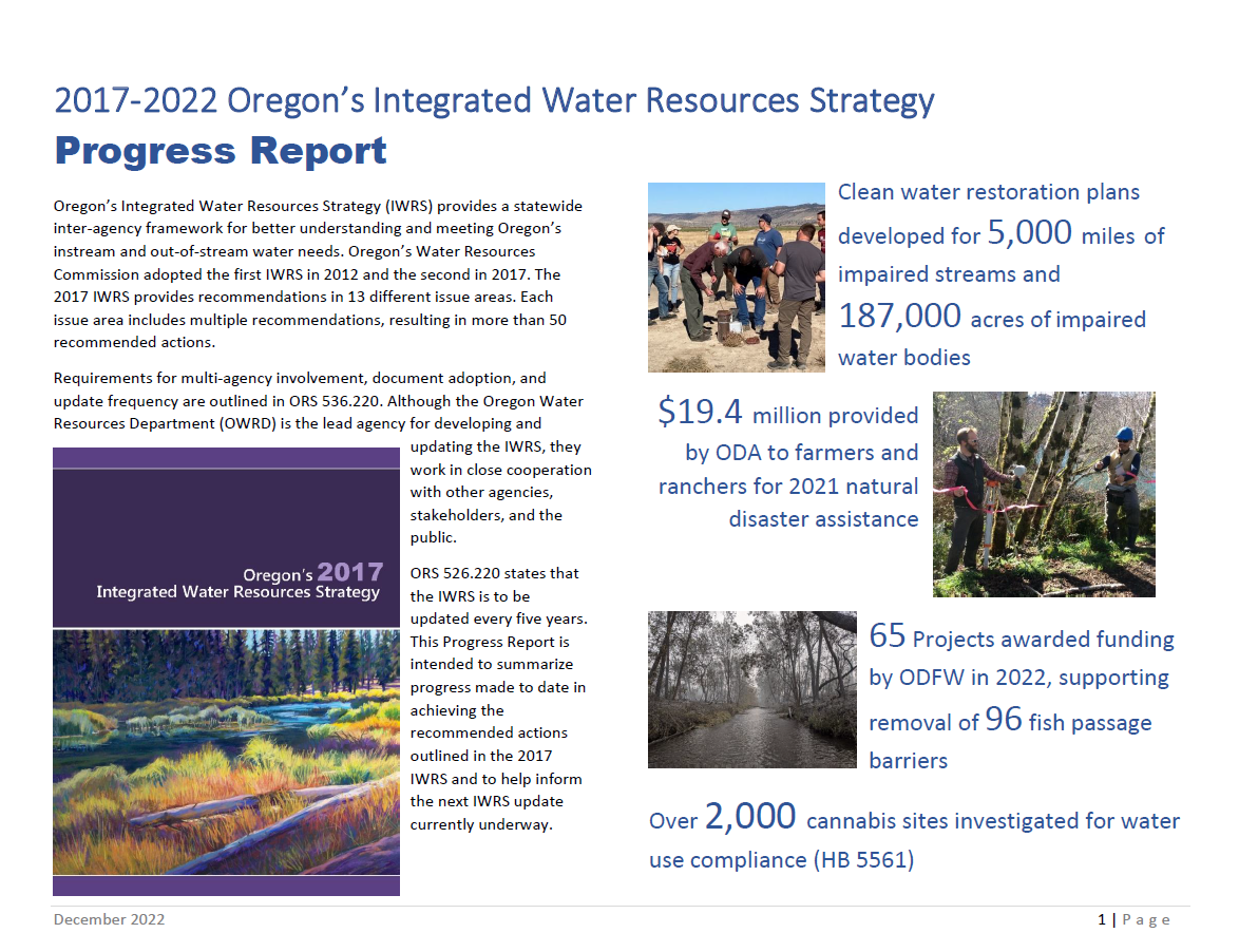 View the December 2022 1 | P a g e 2017-2022 Oregon’s Integrated Water Resources Strategy Progress Report