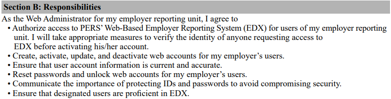 screen capture of section B, listing responsibilities