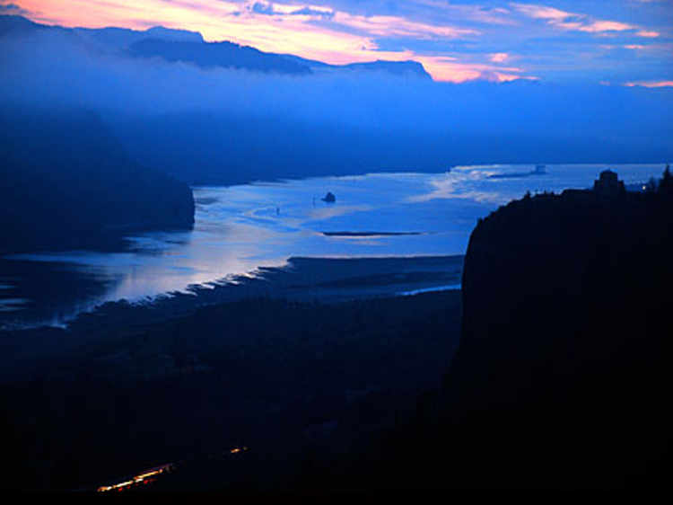 The Columbia River Gorge &amp; Crown Point at sunrise from the Women's Forum Viewpoint (Oregon State Archives Photo).