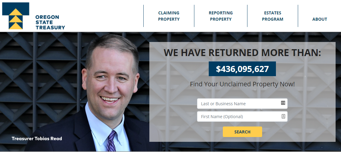 Picture of unclaimed.oregon.gov and treasurer